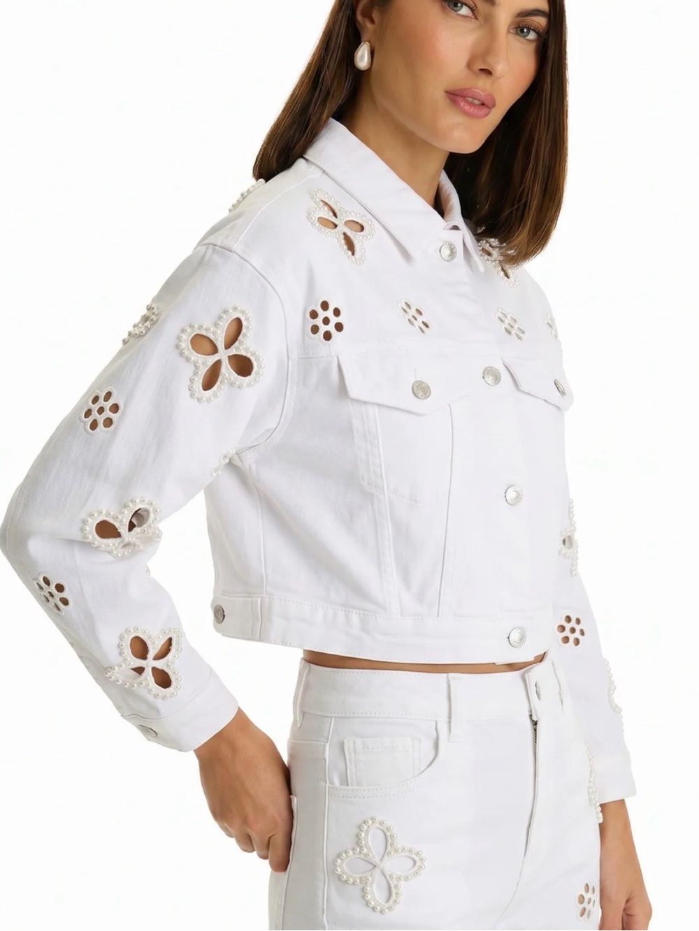 Noli White Eyelet Pearl-Trim Jean Jacket